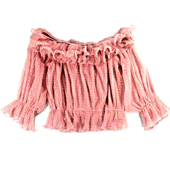 Feminine Romantic Dusty Rose Pink Polkadot Cropped Lantern sleeve Small Blouse - Picture 1 of 5